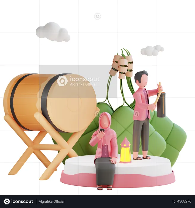 Muslim couple with bedug  3D Illustration