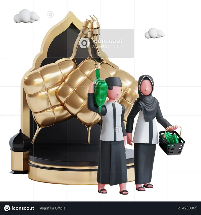 Muslim couple with ketupat  3D Illustration