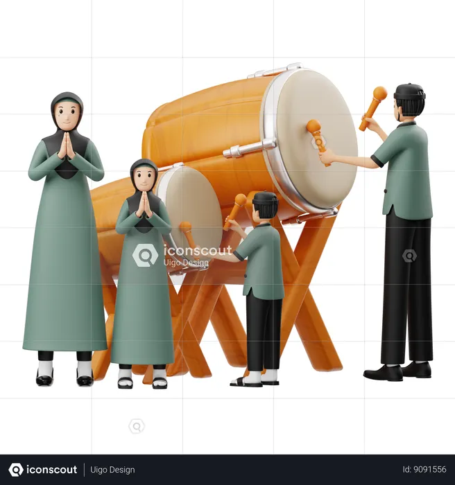 Muslim Family Enjoys Playing Drum  3D Illustration