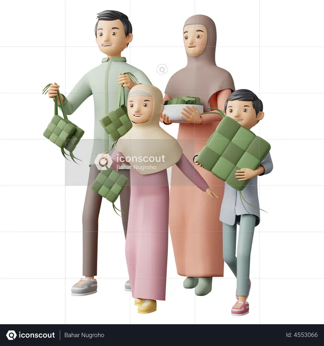 Muslim Family holding Ketupat  3D Illustration