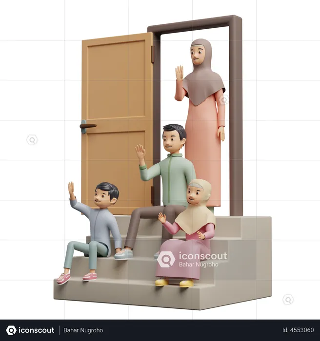 Muslim Family On The Stairway  3D Illustration
