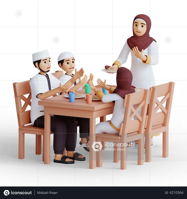 Muslim family praying before having iftar  3D Illustration