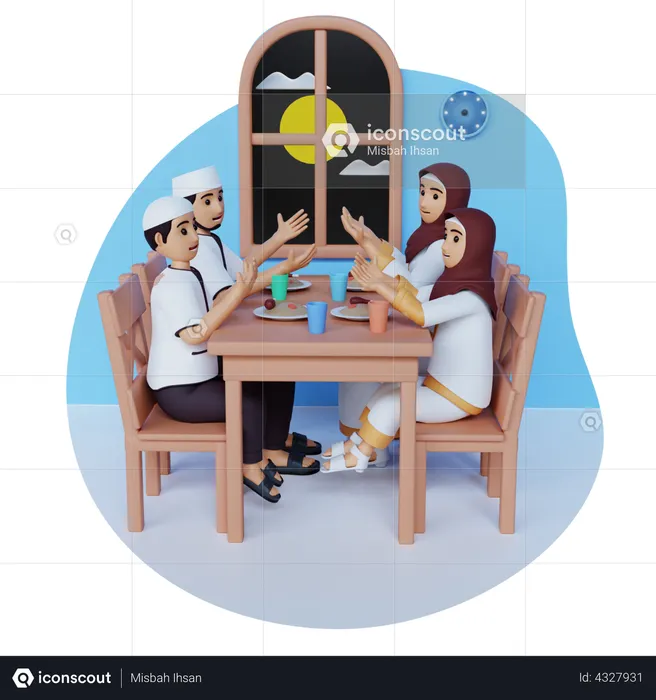 Muslim Family praying before iftar party  3D Illustration