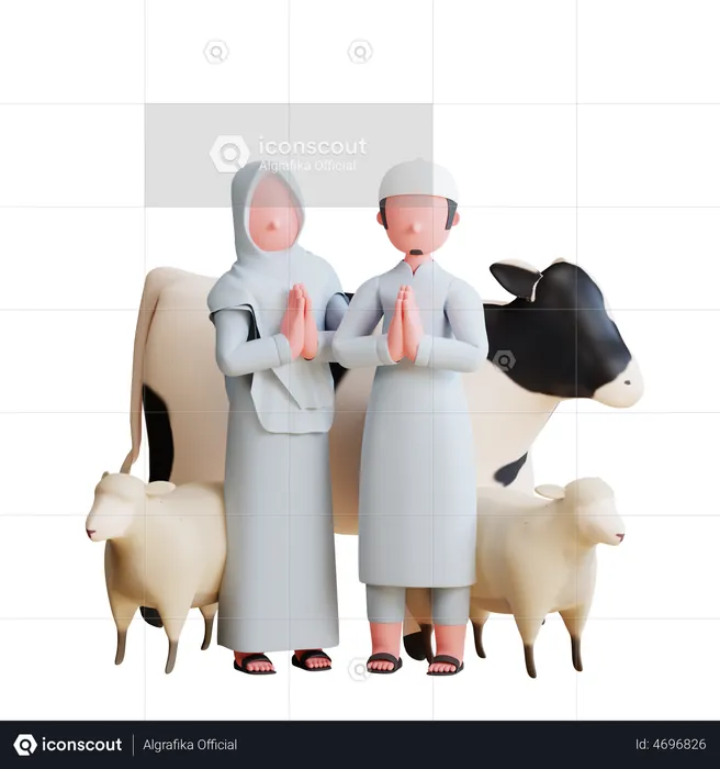 Muslim Family Praying with pet animal  3D Illustration