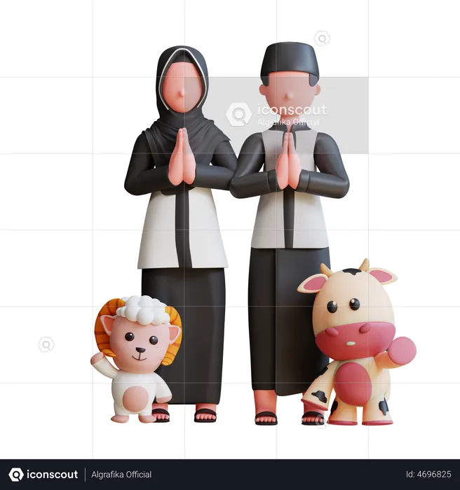 Muslim Family Praying with pets  3D Illustration