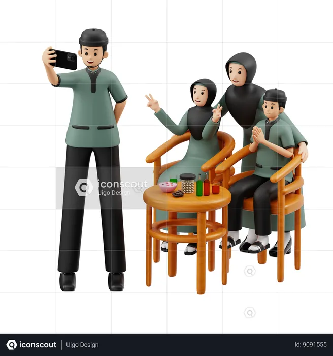 Muslim Family Taking Selfie On Eid  3D Illustration