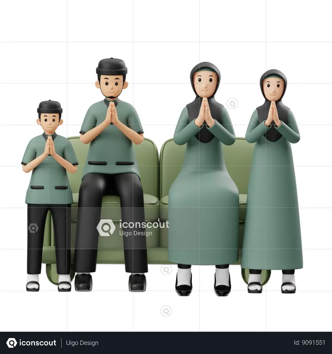 Muslim Family Wishes Eid Al Fitr While Sitting  3D Illustration