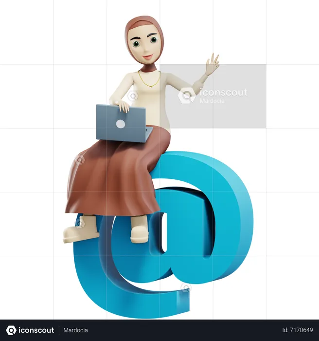Muslim female sitting on at the rate with laptop  3D Illustration