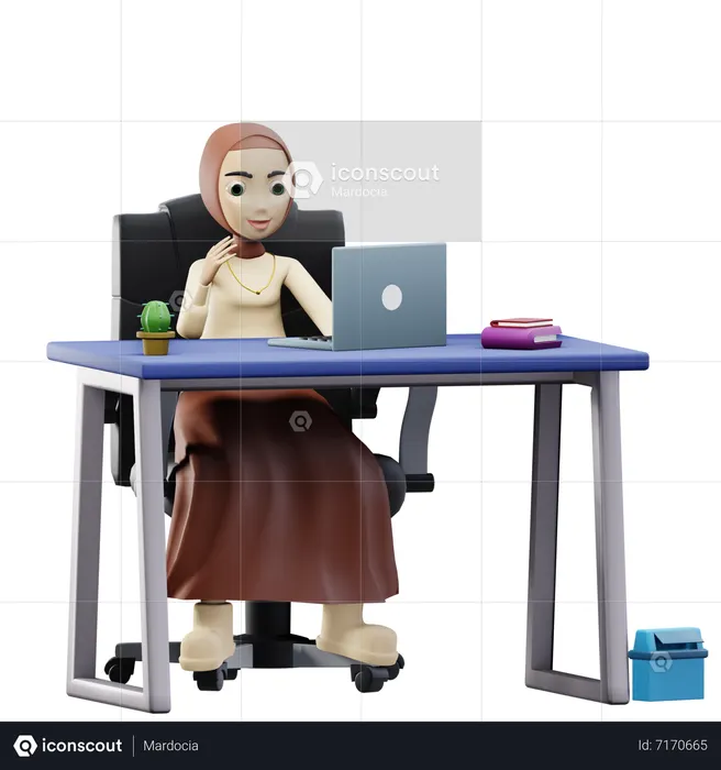 Muslim female working on laptop  3D Icon