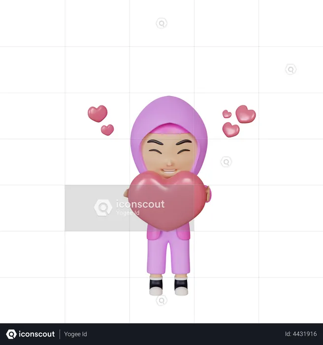 Muslim girl holding heart  3D Illustration