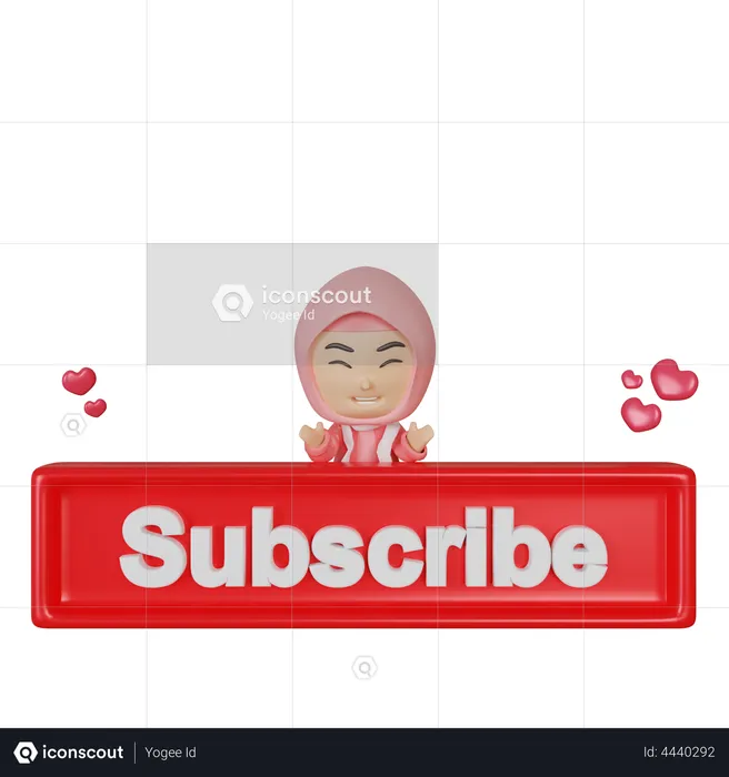 Muslim girl with subscribe button  3D Illustration