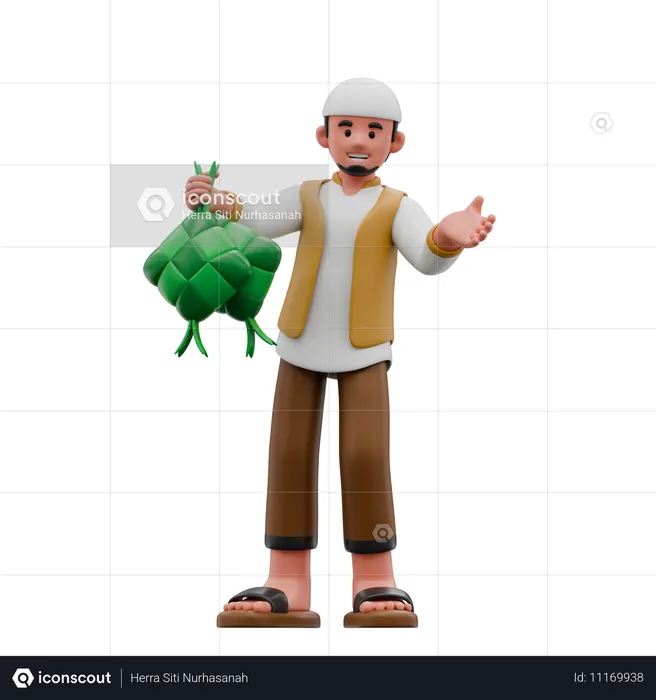 イスラム教徒の男性がケトゥパットを持ってくる  3D Illustration