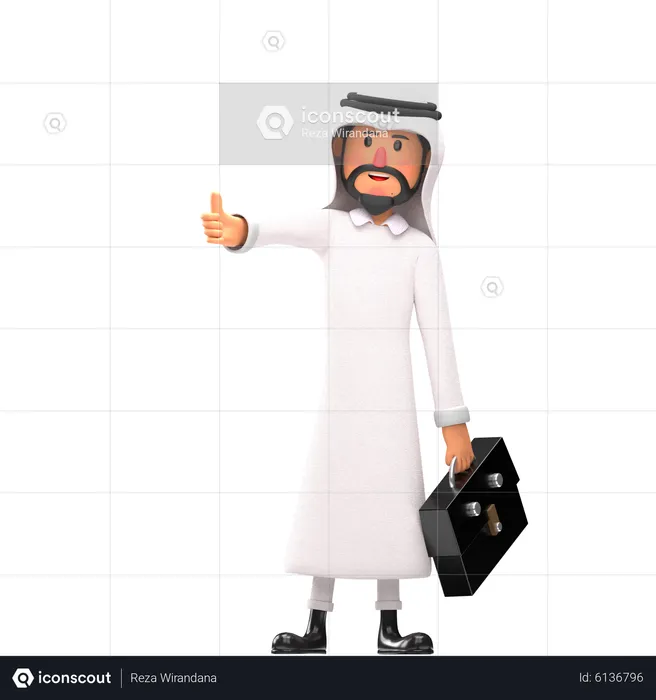 Muslim man carrying briefcaseand showing thumb up  3D Illustration