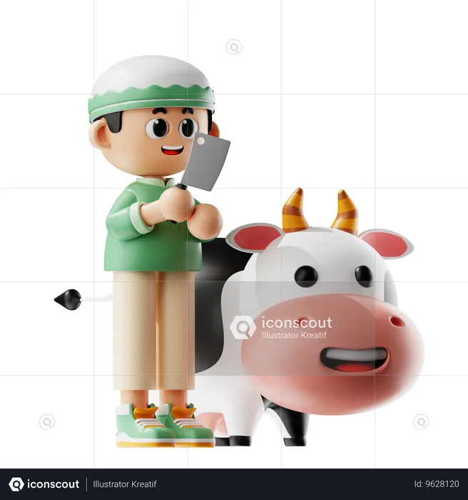 Muslim Man Cuts Cow For Eid Festival  3D Illustration