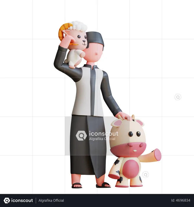 Muslim man doing Cow and sheep baby care  3D Illustration