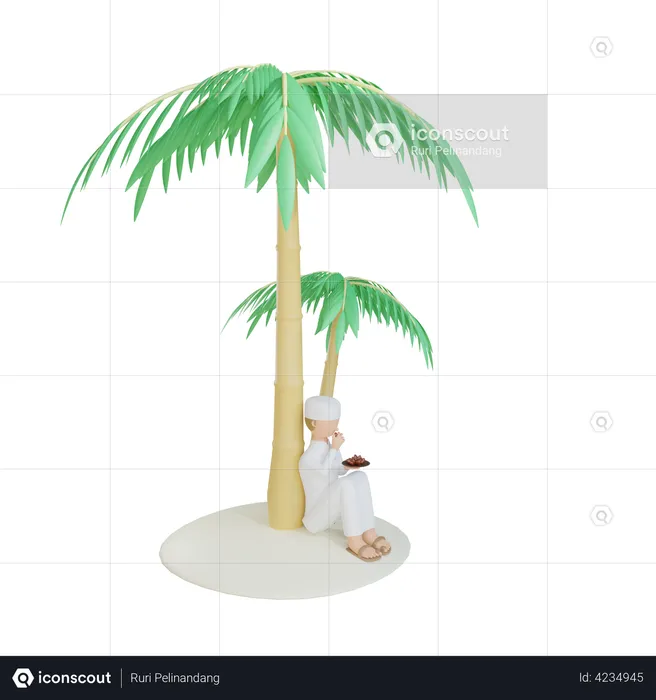 Muslim Man Eat Dates near sitting on palm tree  3D Illustration