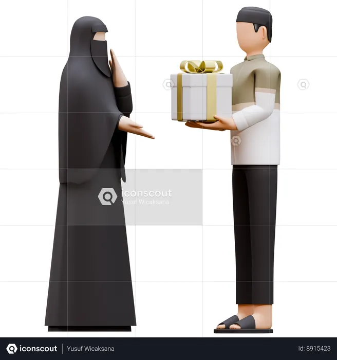 Muslim Man Gives Surprise Gift To His Wife  3D Illustration