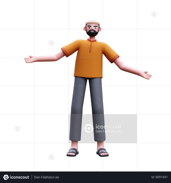 Muslim Man Standing With Open Hands  3D Icon