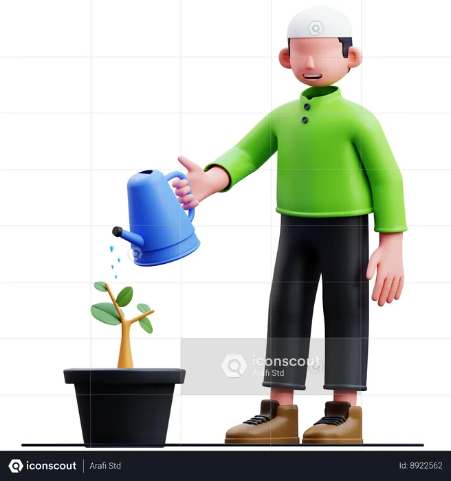 Muslim Man Watering Plants  3D Illustration