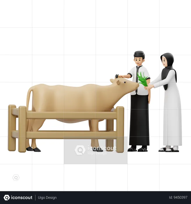 Muslim Men and Women Giving Grass To Cows  3D Illustration