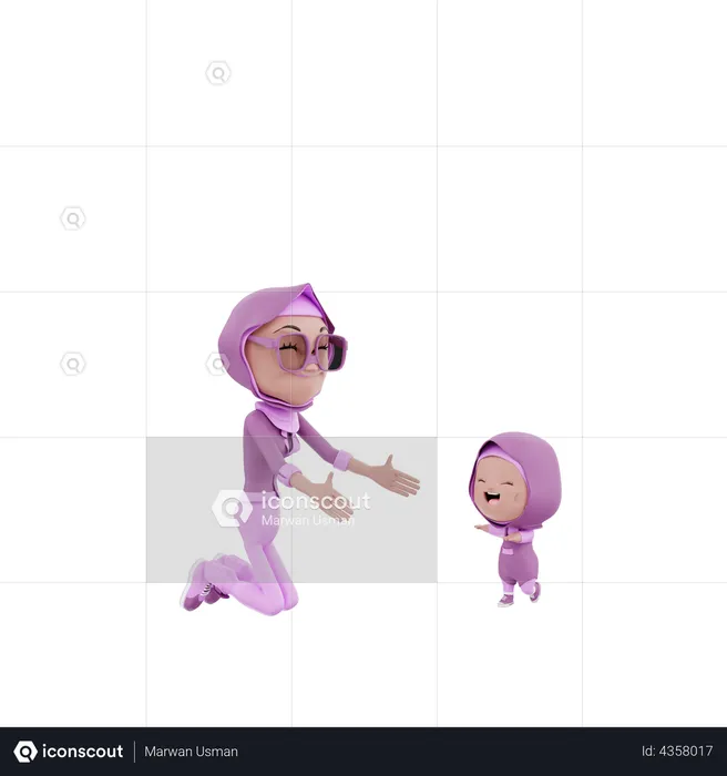 Muslim Mother spreading her arm toward kid  3D Illustration