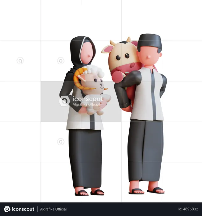 Muslim People doing Cow and sheep baby care  3D Illustration