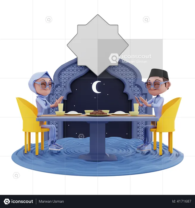 Muslim people praying before having food  3D Illustration