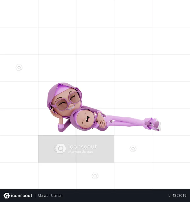 Muslim woman and her child lying  3D Illustration