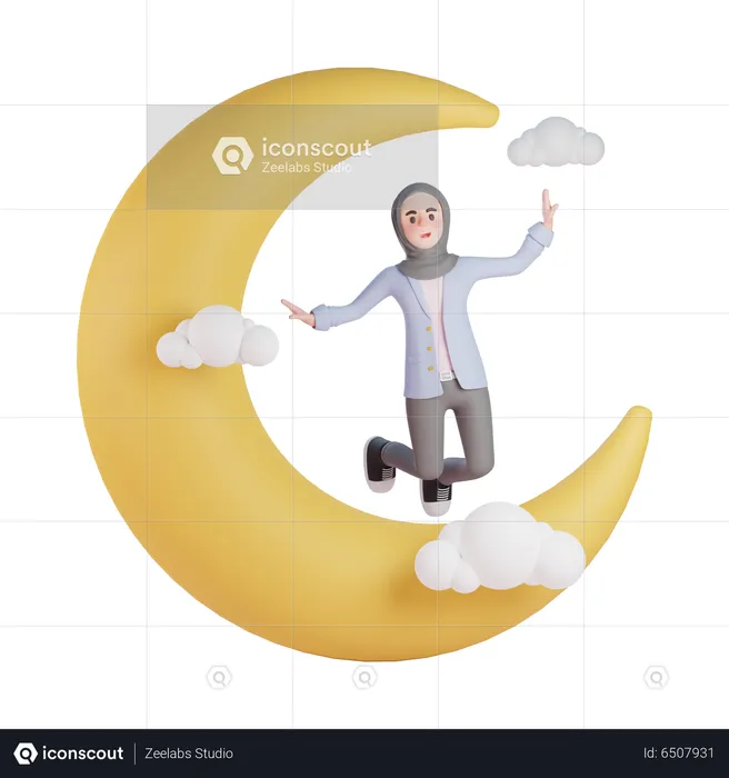 Muslim woman flying on crescent moon  3D Illustration