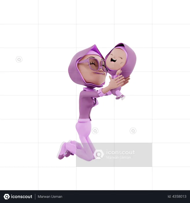 Muslim woman holding her kid  3D Illustration