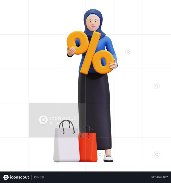 Muslim Woman Holding Percentage  3D Illustration