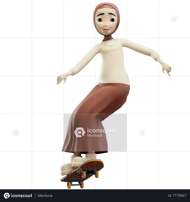 Muslim woman riding skateboarding  3D Illustration