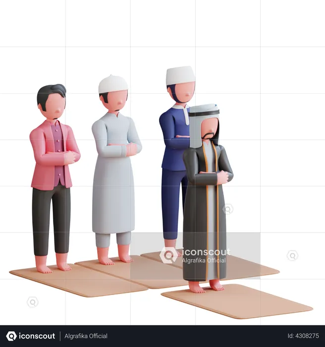 Muslims praying in congregation at mosque  3D Illustration