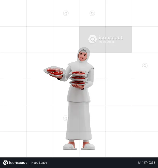 Muslims Woman Distribute Hygienic Sacrificial Meat  3D Illustration