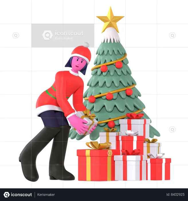 Navidad Niña Decorar Árbol De Navidad  3D Icon