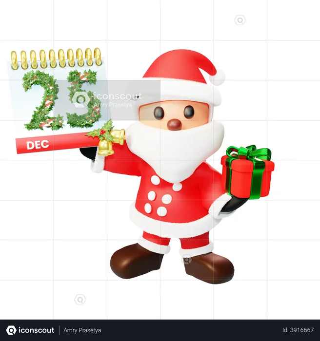 Papá Noel navideño con calendario y regalo.  3D Illustration
