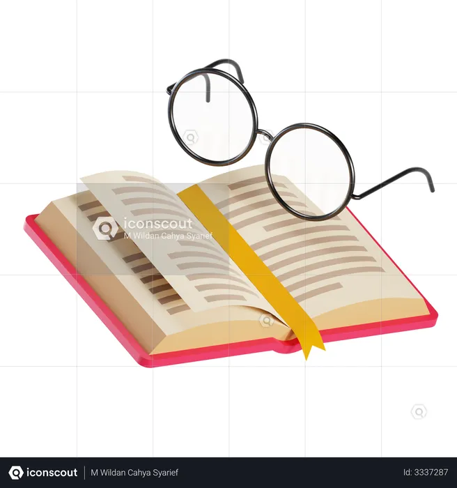 Nerd glasses and a library book for reading  3D Illustration