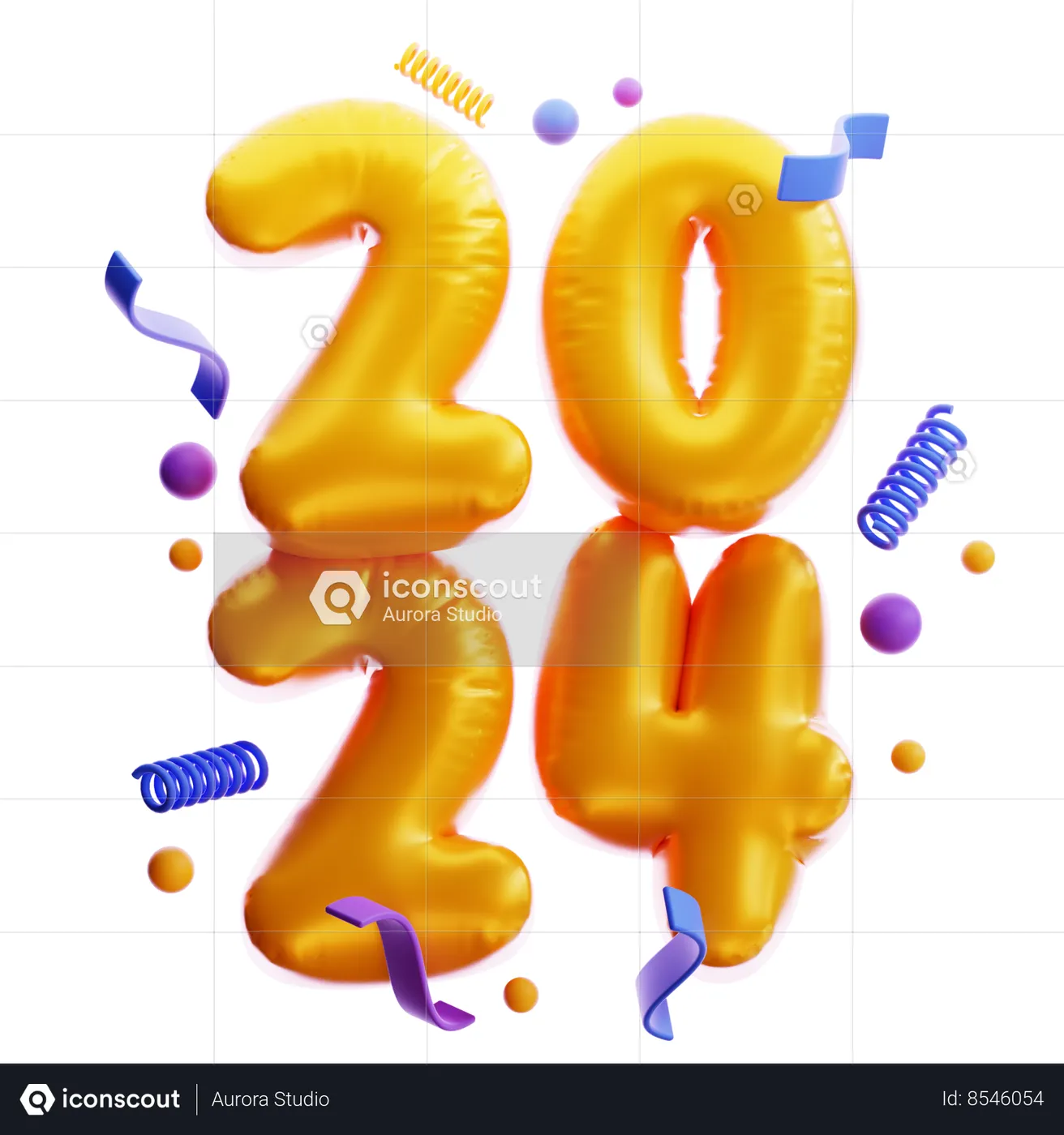 New Year 2024 Balloons 3D Icon download in PNG, OBJ or Blend format