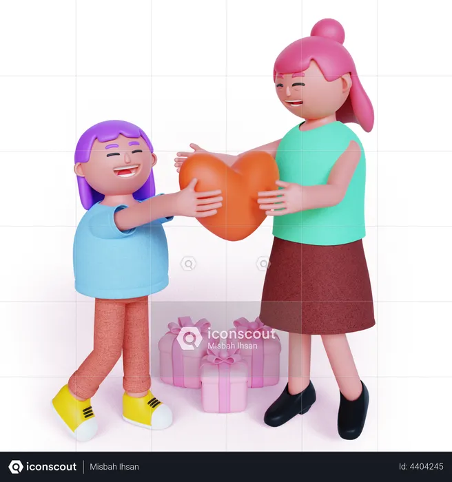 Niña dando corazón a madre  3D Illustration