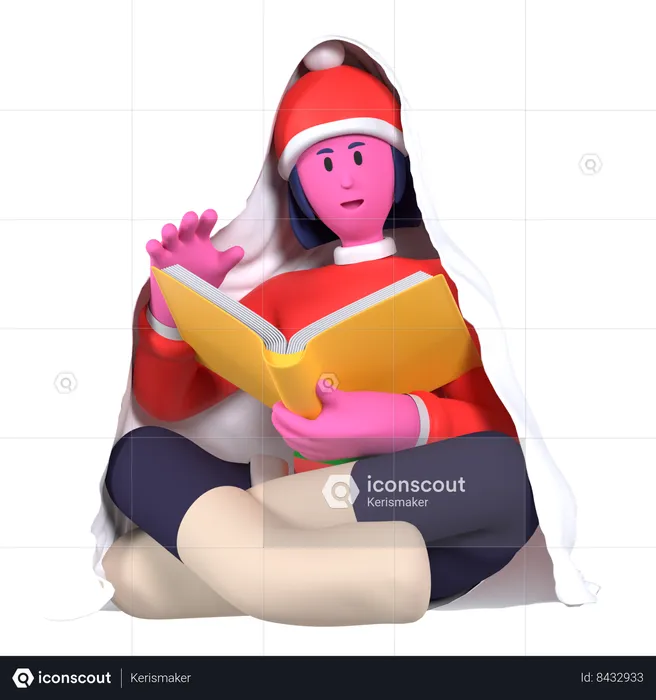 Libro de lectura de niña de Navidad con manta  3D Icon