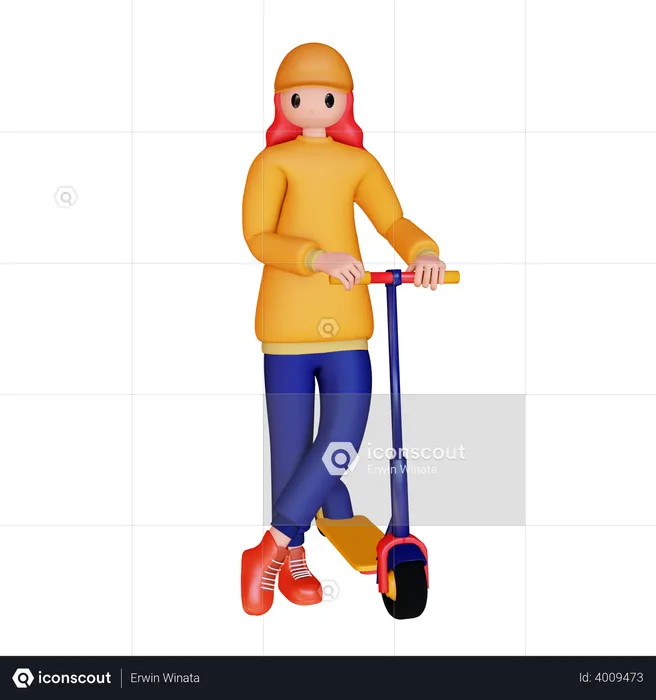 Chica parada cerca de scooter eléctrico  3D Illustration