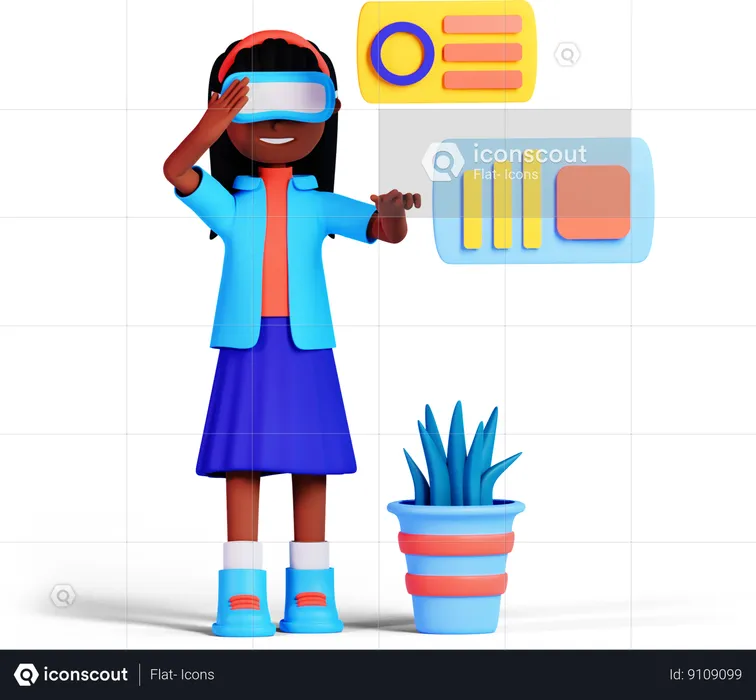 La niña está analizando gráficos comerciales usando gafas Vr  3D Illustration