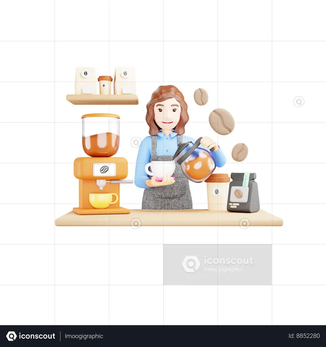La chica está sirviendo café en una taza  3D Illustration