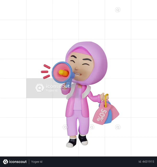 Chica islámica haciendo promoción de venta.  3D Illustration