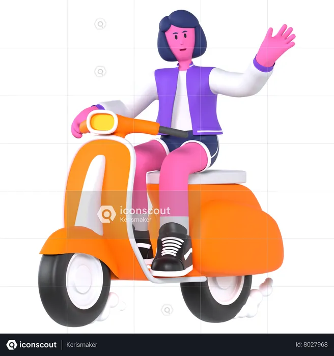 Chica montando scooter mientras viaja  3D Illustration
