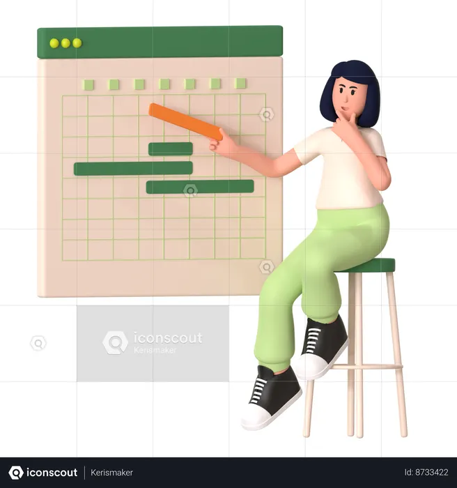 Chica que representa el flujo de trabajo de la línea de tiempo  3D Illustration