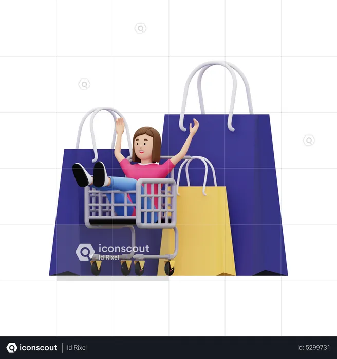 Chica sentada en el carrito de compras  3D Illustration