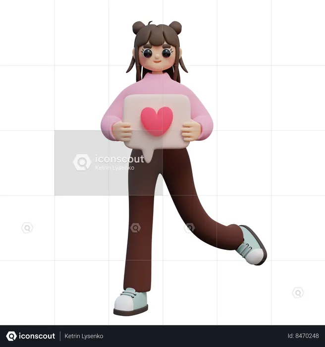 Chica sosteniendo bocadillo de diálogo con corazón  3D Illustration