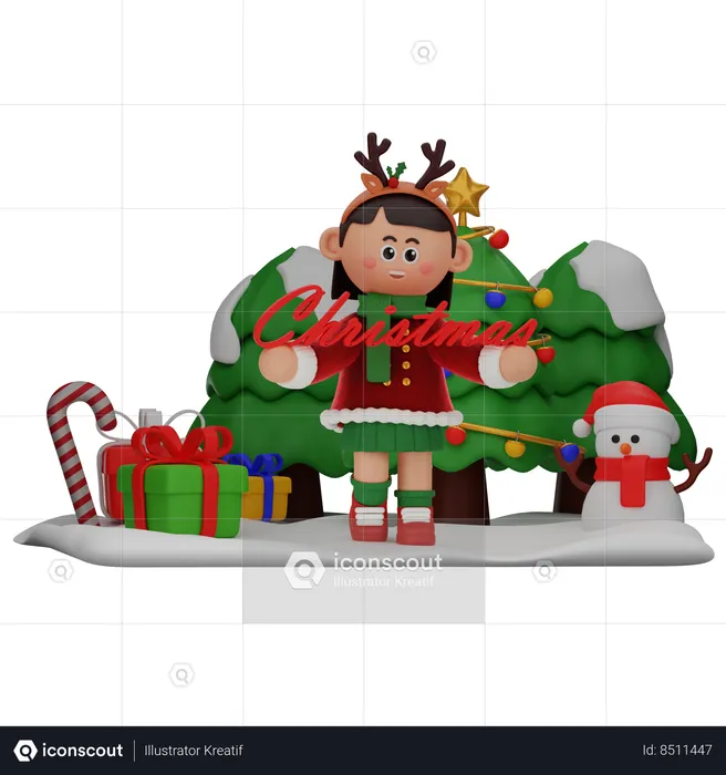 Chica sosteniendo un gran texto navideño  3D Illustration