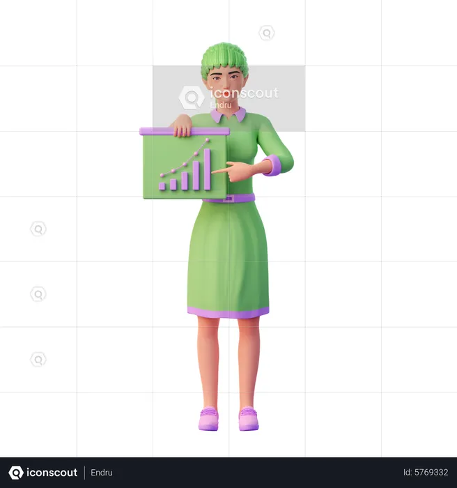 Chica sujetando mesa de presentación con gráfico de negocios  3D Illustration